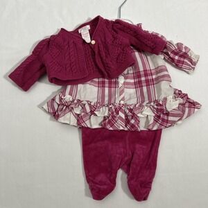 Chaps Newborn Infant Baby Girl 3 Pc Outfit Cardigan Plaid Shirt Pants B118